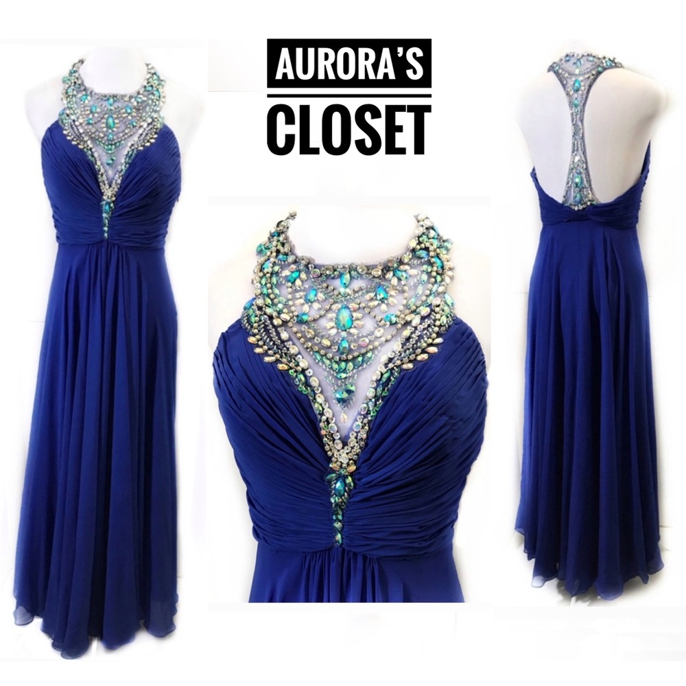 Blush Prom 8 Cobalt Blue Gown Jewel Collar Ruched Bodice Maxi Illusion Mesh